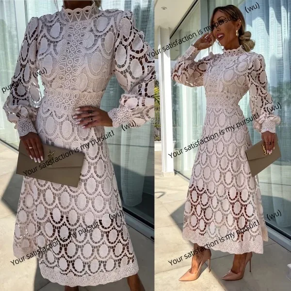 

Waist embroidered big swing dress spring new fashion bubble sleeve dress women's medium and long dress