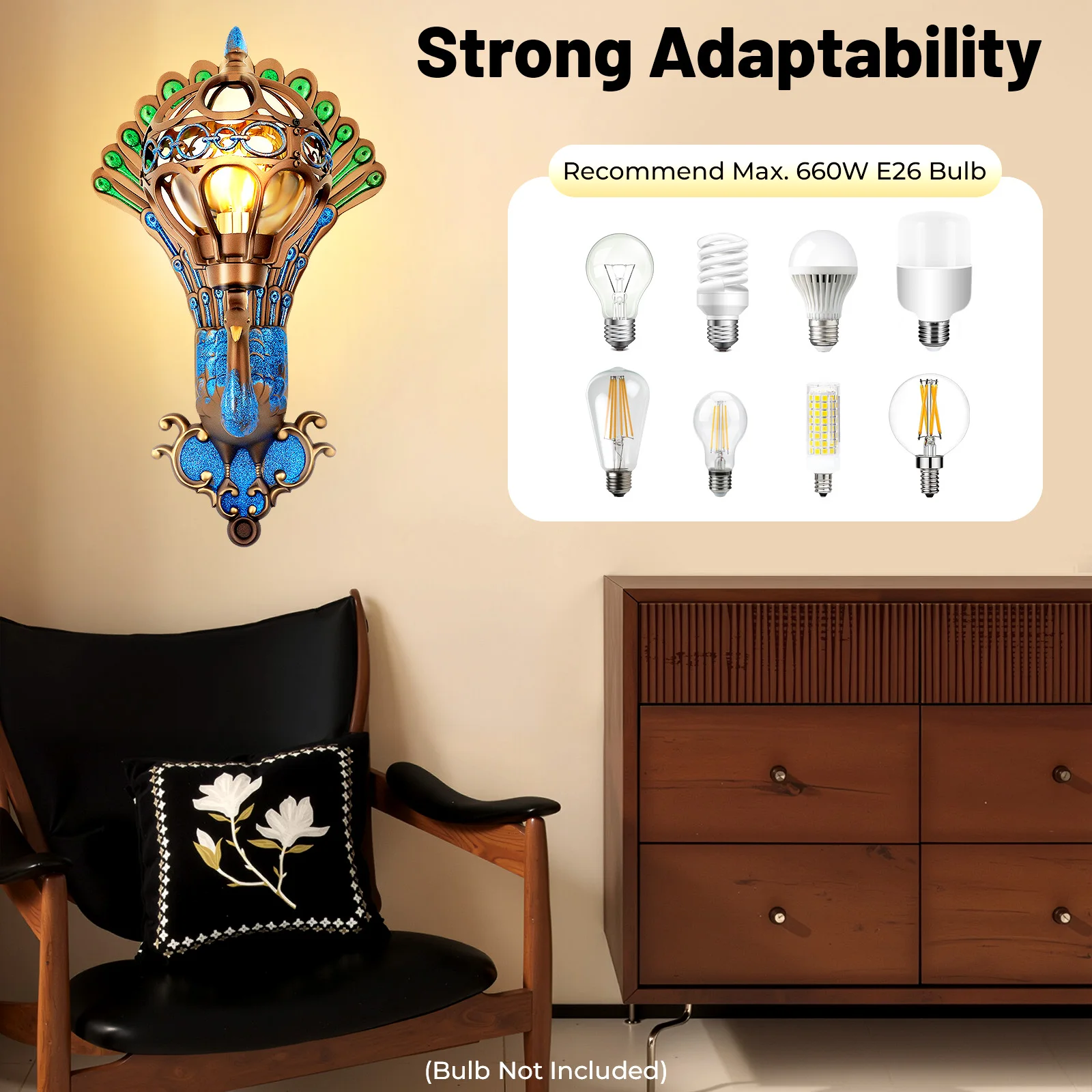 Wall Lamp Phoenix Shape Vintage 110V E26 Bulb 660W Die-cast Aluminum Glass Green Blue Bronze Wall Light Fixture