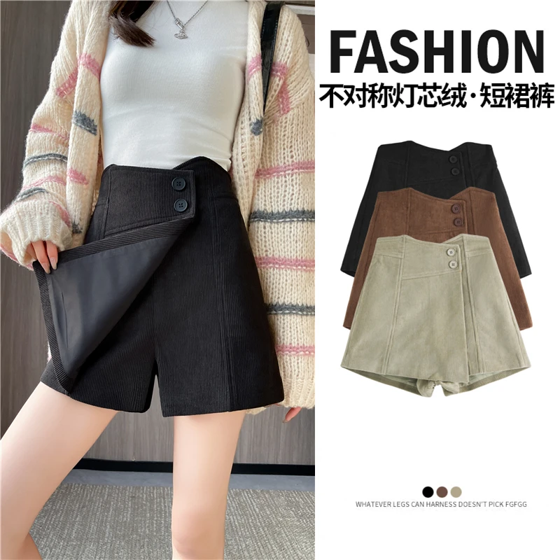 Women Corduroy Skort High Waist Irregular A Line Mini Skirt With Shorts Autumn Winter Korean Commuter Vintage Warm Short Pants