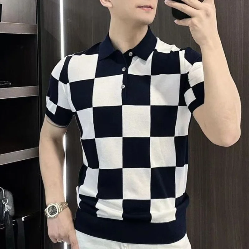 2024 nuova estate moda europea a maniche corte risvolto scacchiera Patchwork Polo Slim Fit Business Casual t-Shirt per uomo