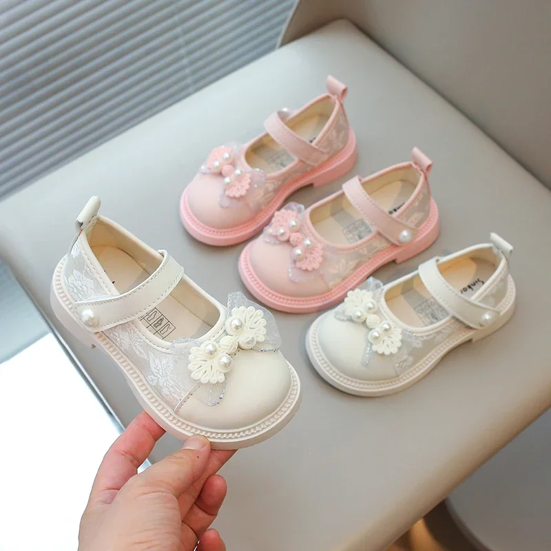 New Girls Leather Shoes for Traditional Holiday Ethnic Kids Casual Shoes with Embroidery Lace Bow-knot with Pearl Princess Sweet