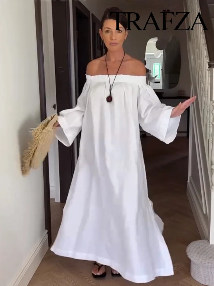 

HH 2025 Woman Long-Sleeved Beach Party Dress Summer Women Solid One-Length Shoulder Wrinkles Decorate Slim Long Dress
