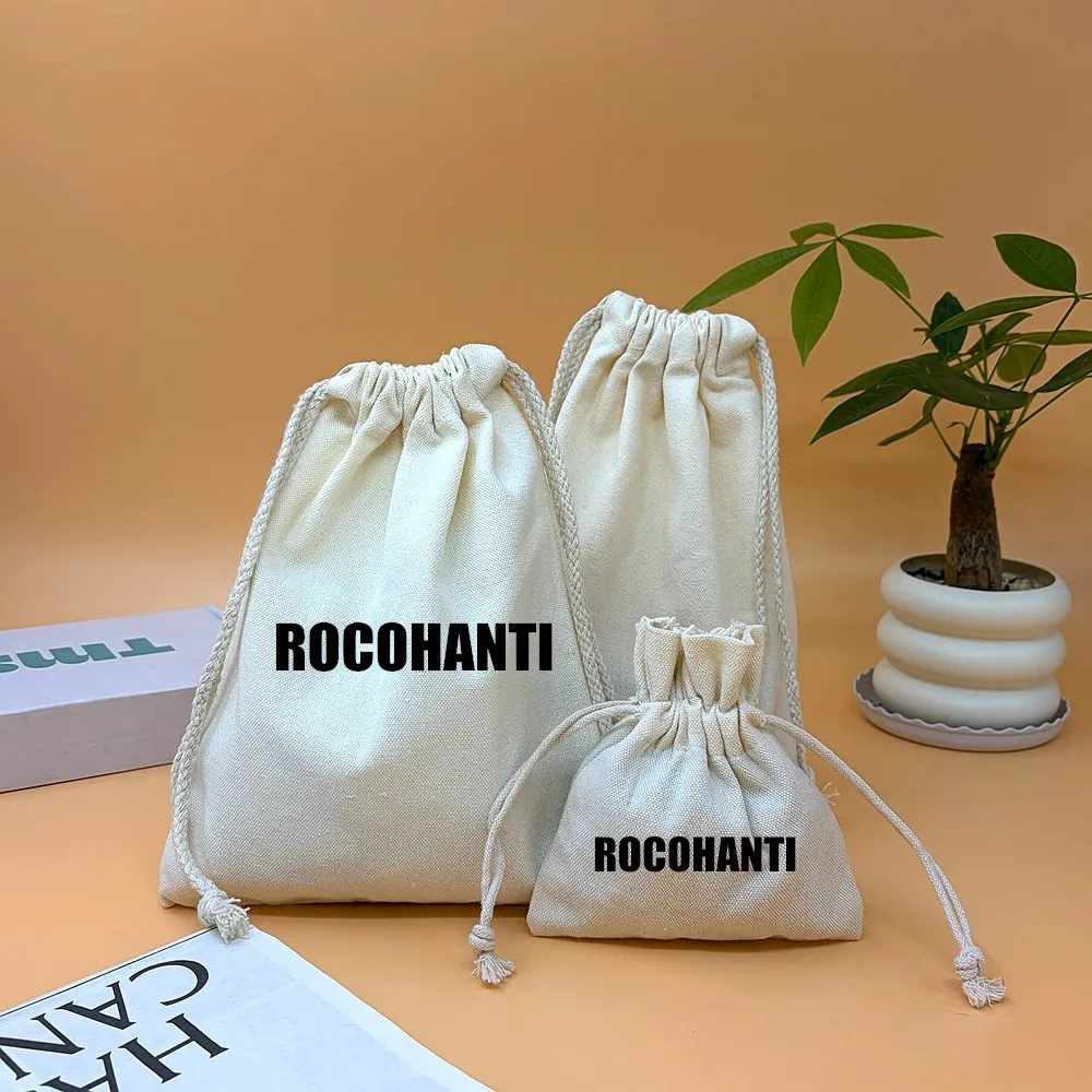 50PCS Custom Eco Friendly Organic Muslin Cotton Linen Pouch Promotional Small White Cloth Canvas Drawstring Bag With Logo Print
