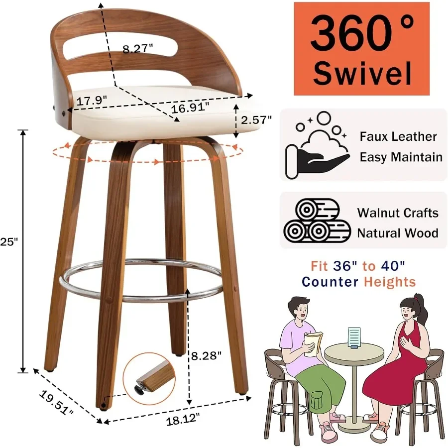 Counter Height Bar Stools, 25 inch Walnut Counter Stools with Low Back