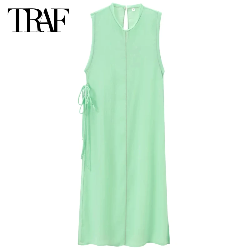 TARF Transparent Long Shirt Women Bow Lace-Up Light Green Sleeveless Tank Blouse Summer New In Shirt Ladies Fashion Shirts 2024