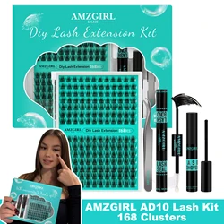 AMZGIRL LASH 168 Uds Kit de pestañas DIY pestañas en racimo D Curl unión y sello impermeables con pinza removedora fácil de aplicar ventilador prefabricado