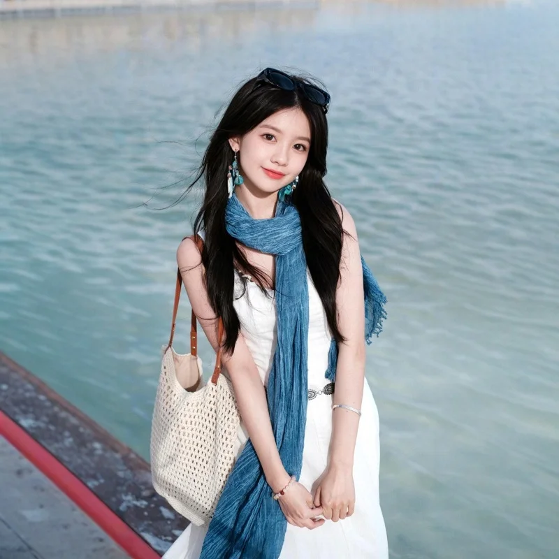 Blue Qinghai Lake Tourist Cotton and Hemp Scarf Women's Northwest Western Sichuan Seaside Thin Literary Silk Scarf Neck Ethnic