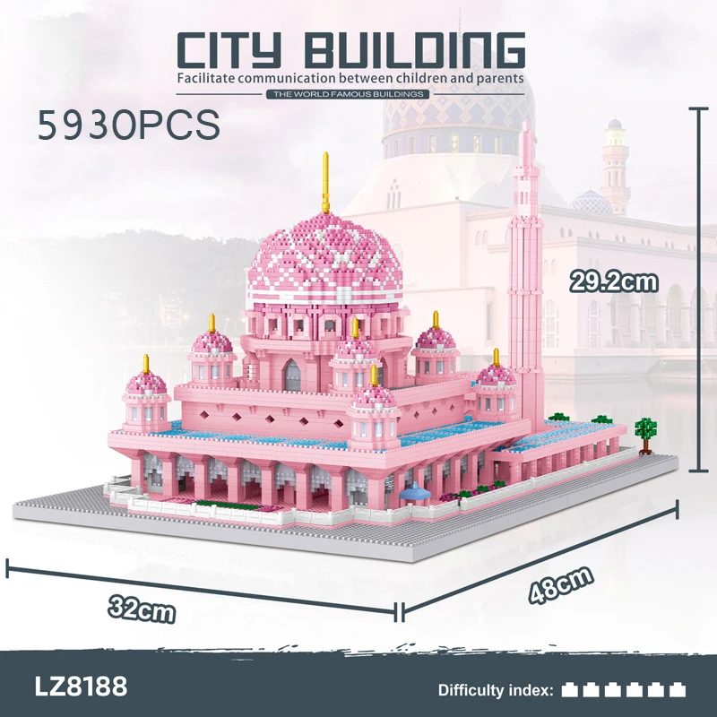 Malaysia Berühmte Architektur Scenic Spot Micro Diamond Block 1906 Putra Pink Mosque Building Brick Toy Collection Nanobrick