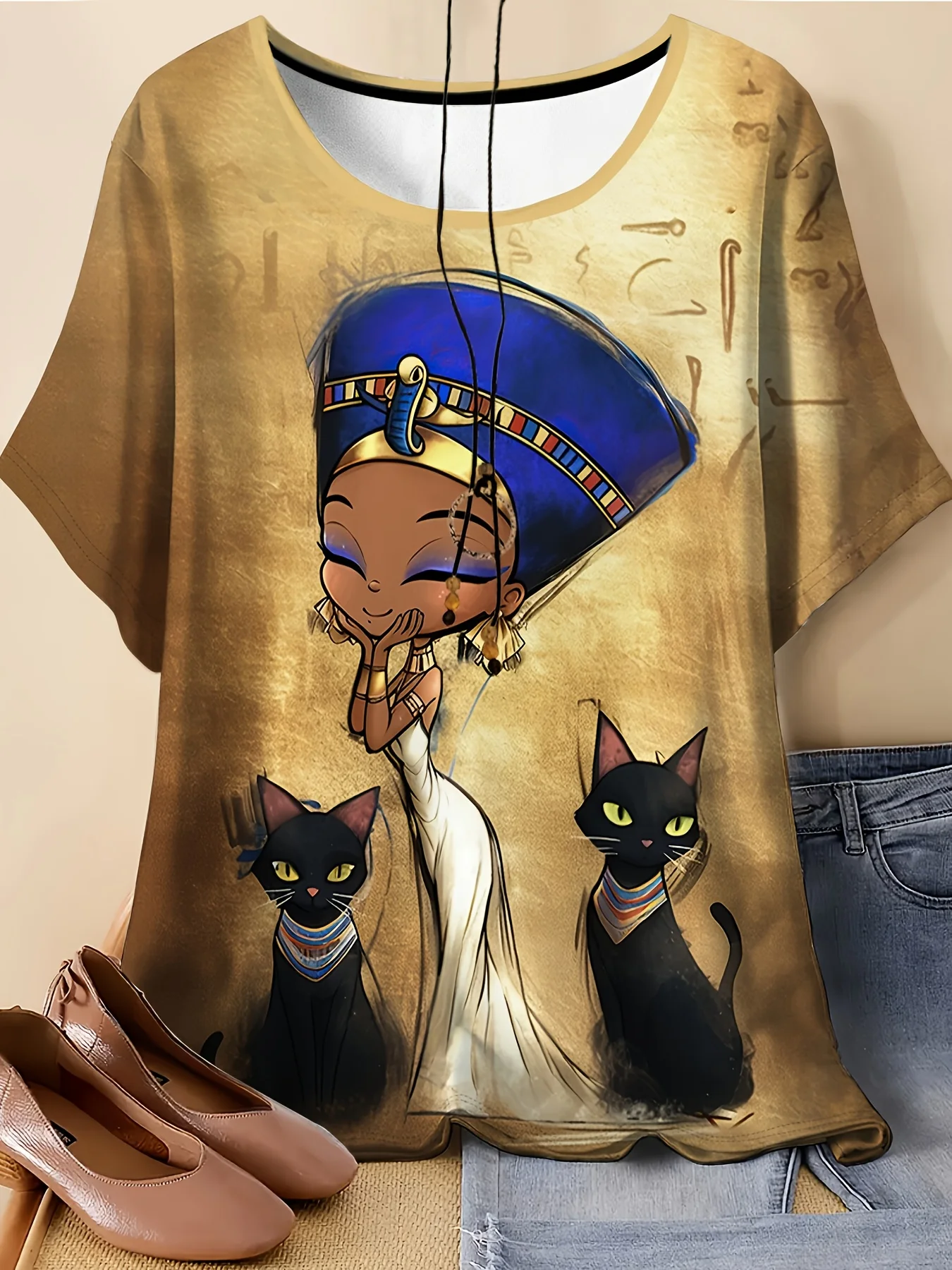 Women Short Sleeve T‑Shirt Cartoon Egyptian Queen & Black Cat Print Ancient Hieroglyph Pattern Round Neck Loose Summer Tops
