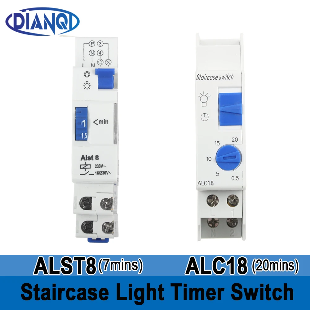 1pc DIN Rail Timer Switch for Staircase Lighting Controller ALST8 7Mins /ALC18 20 Minutes 220VAC Staircase Lighting Timer Switch