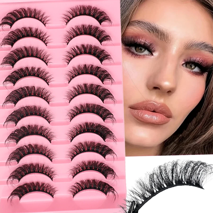 10組の自然なシミュレーションステージメイク用つけまつげ、3DブラックステムDDロール、テールウィング付き斜めフライフェイクまつげ