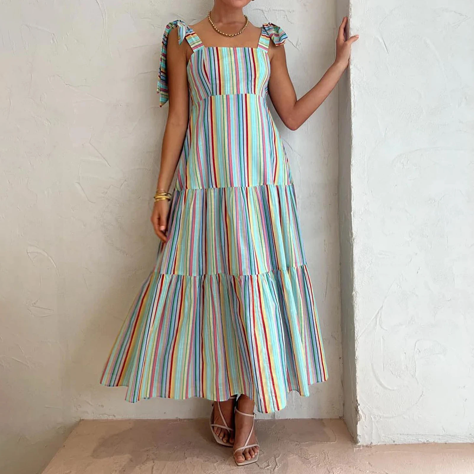 Women's Striped Tank Beach Dress Square Neck Empire Waist Tie-Up Shoulder Strap Tiered Ruffled Long Dress for Party