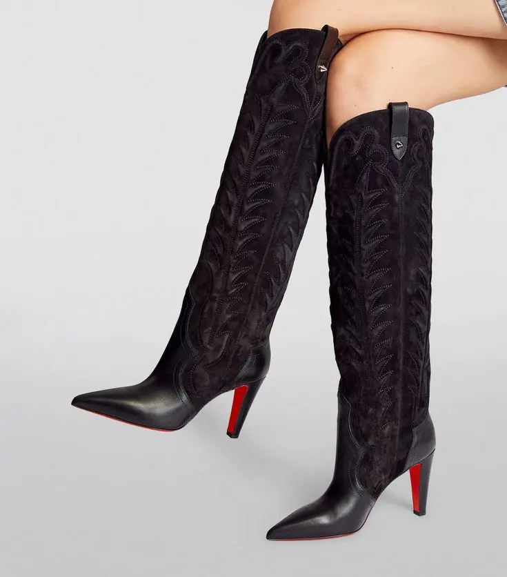 

Черные кожаные женские сапоги до колена с острым носком, туфли на высоком каблуке-шпильке с боковой молнией, модные туфли большого размера
