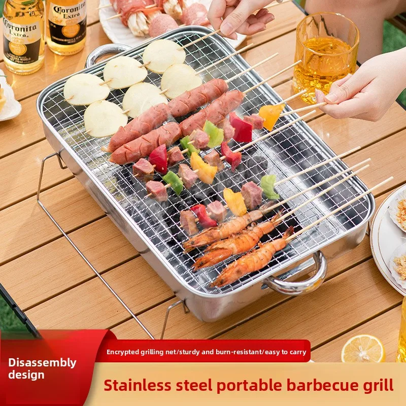 Portable Foldable Stainless Steel Charcoal Grill, Mini Outdoor Camping BBQ Stove for Home Barbecue