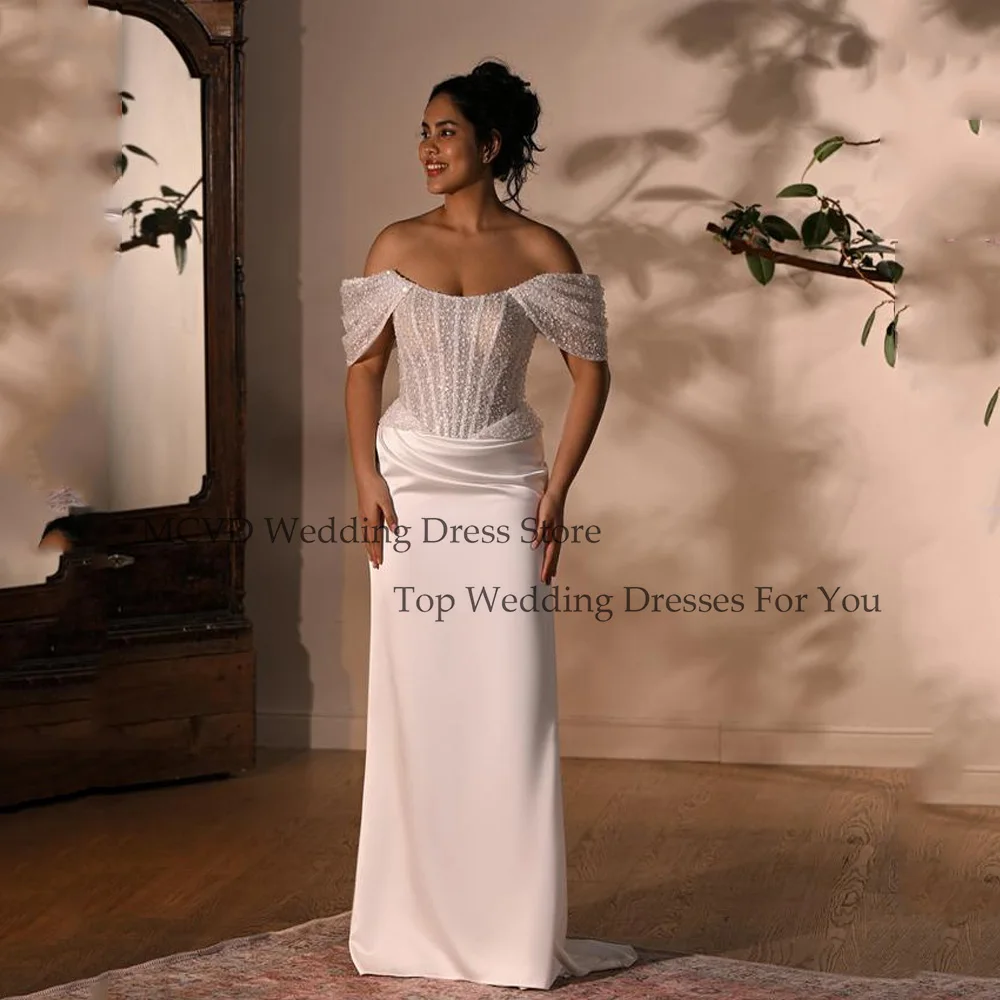 

MCDV Beaded Luxury Wedding Dresses For Women Off Shoulder Strapless Zipper Back Mermaid Satin vestido de noiva Customized