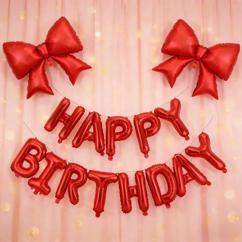 1set Happy Birthday Balloon with Red Bow Aluminum Balloon Set for Birthday Parties Festivals Outdoor Activities Decoration