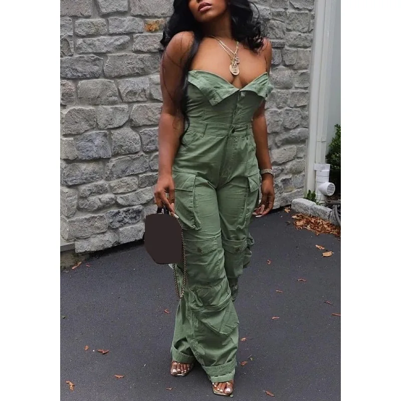 

Джинсовый комбинезон для женщин, сексуальный джинсовый комбинезон-карго с открытыми плечами и V-образным вырезом на пуговицах, цельный наряд