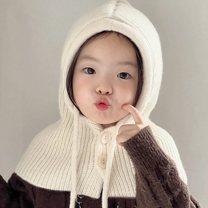 Winter Kids Knit Hooded Scarf Cap Solid Color Baby Balaclava Hat Outdoor Warm Woolen Toddler Boy Girl One Piece Beanies Scarf