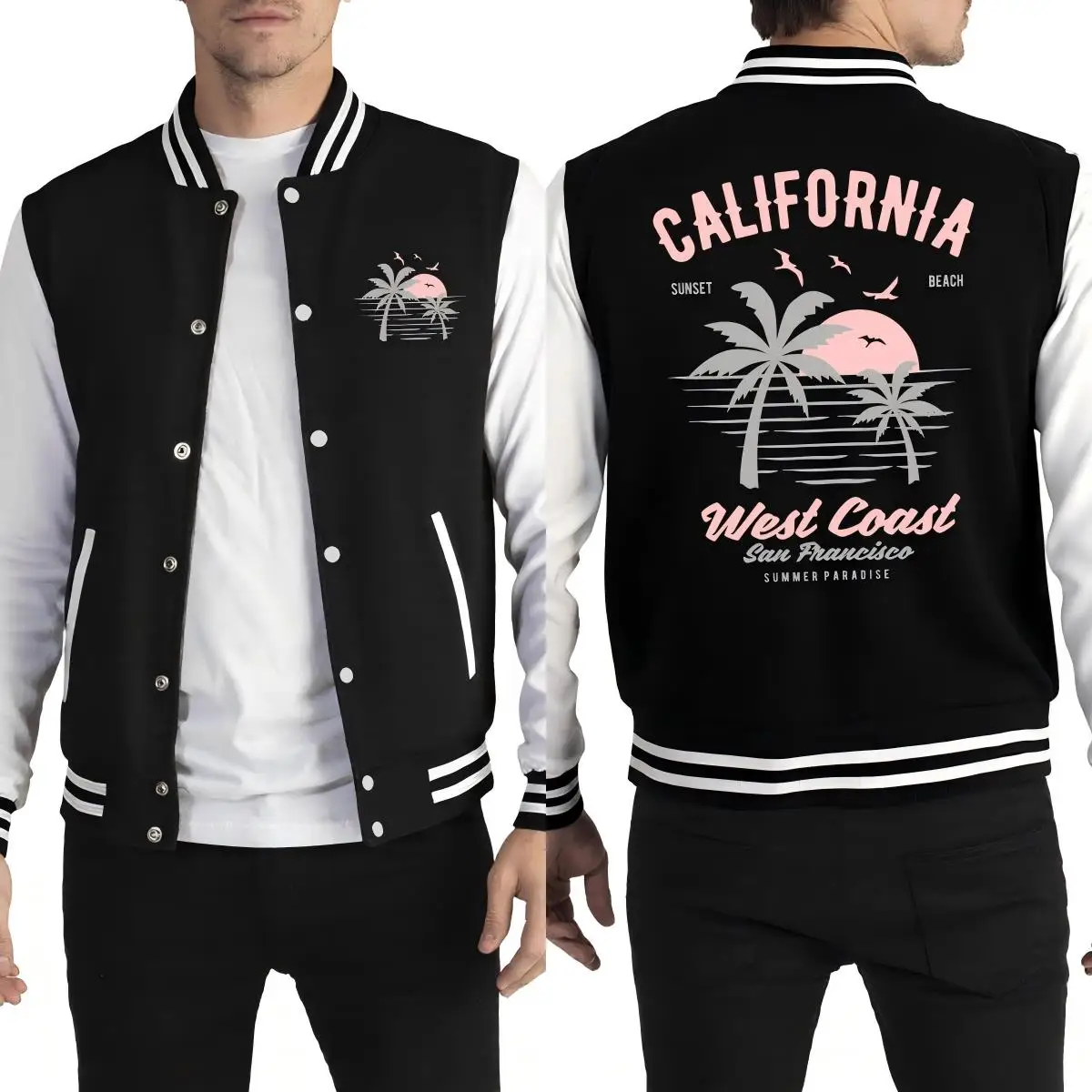 

California West Coast Beach Sunsets Prints Men Jacket Loose Fleece Baseball Uniform Casual Autumn Clothes All-Match Sportswear