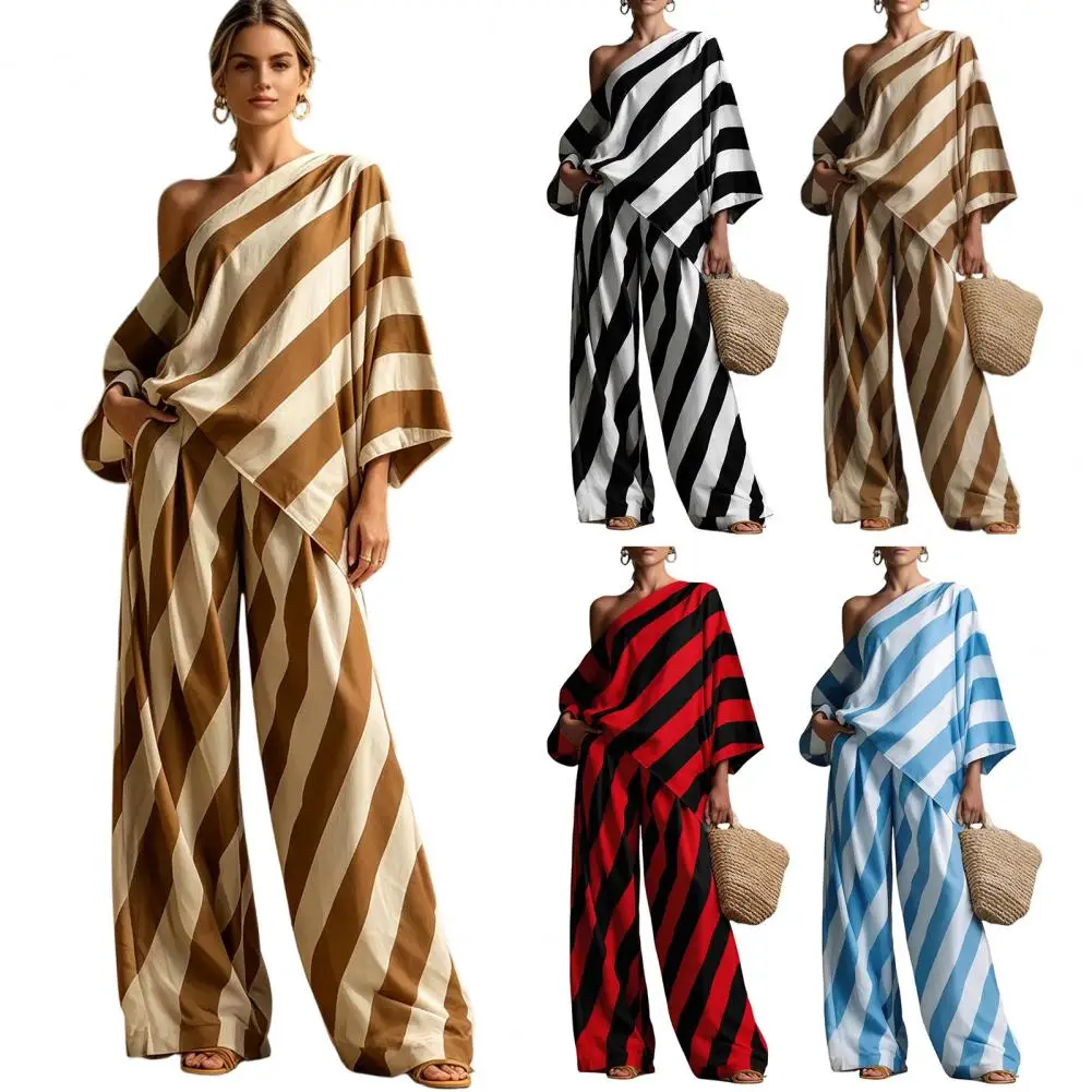

New Fashion Women Two Piece Set Striped Printed Slim Crop Top And Loose Wide Leg Pants Set Casual Vacation Lounge Outfits