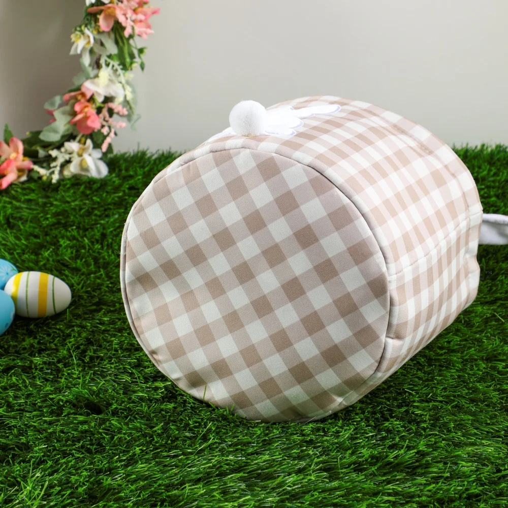 Karierter Osterkorb mit verstellbaren Hasenohren und weißer Hasenapplikation, niedliche Süßigkeiten-Geschenktüte für Kinder, Eierjäten, Frühlingsfeier – Detail 5