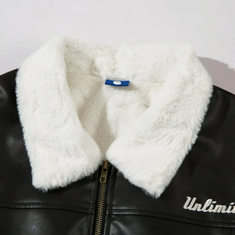 Femmes veste en cuir PU hommes américain haute rue rétro en détresse marée marque revers ample Plus velours épais coton manteaux vêtements