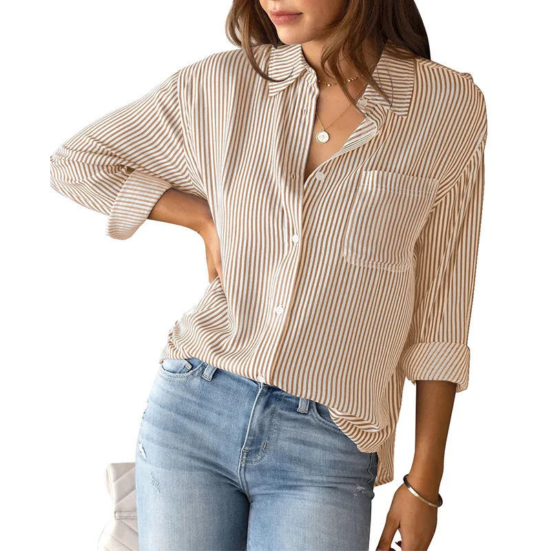 Elegant and youth woman blouses Fashion 2023 spring casual pocket striped print long sleeve button up shirt Blue khaki green top