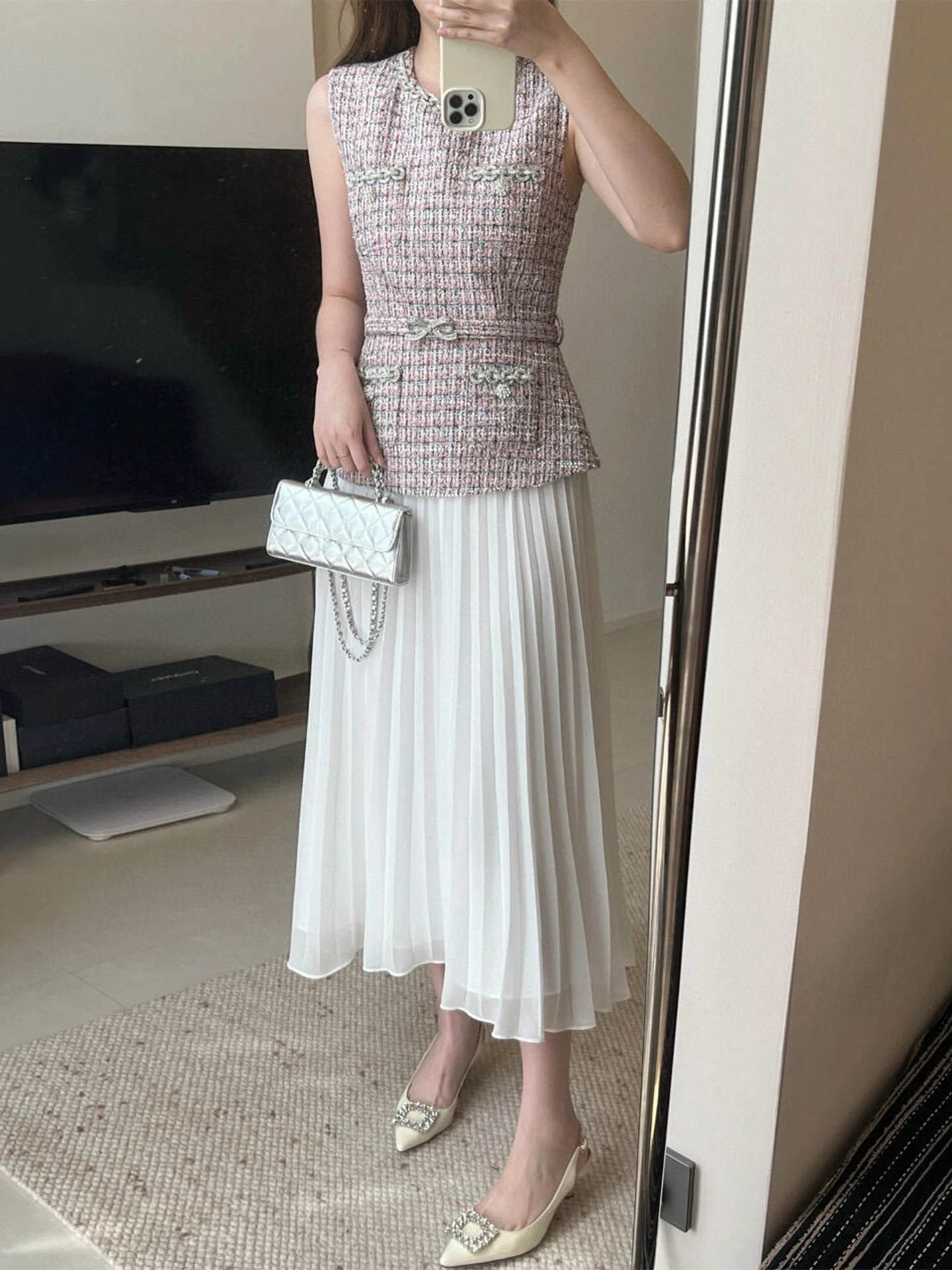 

Luxury Women's Autumn Winter Gingham Windbreaker Dr High Waist Diamond Embellied A-Line Skirt Sle Casual Commute Dr