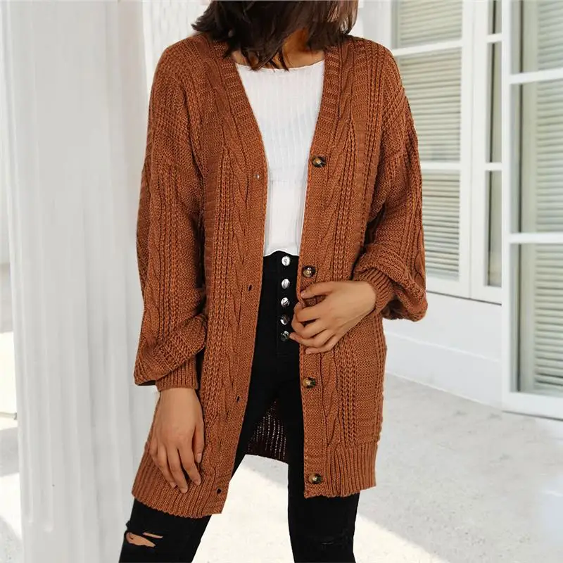 

Large Size Knitted Cardigan V-Ne Lazy Sle Twisted Lantern Sve Outerwear Women's Autumn Faion New Arrival Pure Color