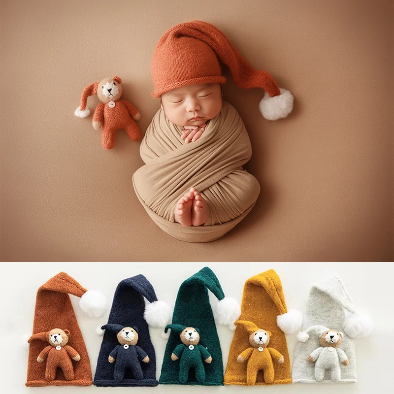 Newborn Photography Props Cute Plush Ball Hat+Bear Doll Toys Girls Boys Infant Fotografia Prop Studio Baby Shooting Accessories