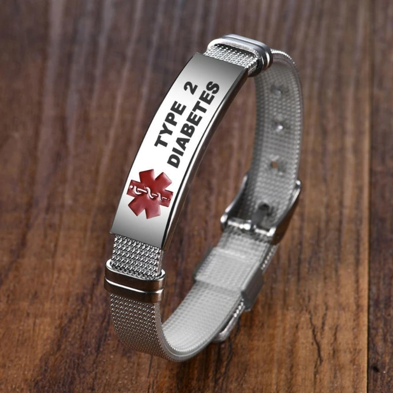Stainless Steel Medical Alert IDs Cuff Bangle Emergency Medical Bracelets Adjustable Wristband for Men Women Durable