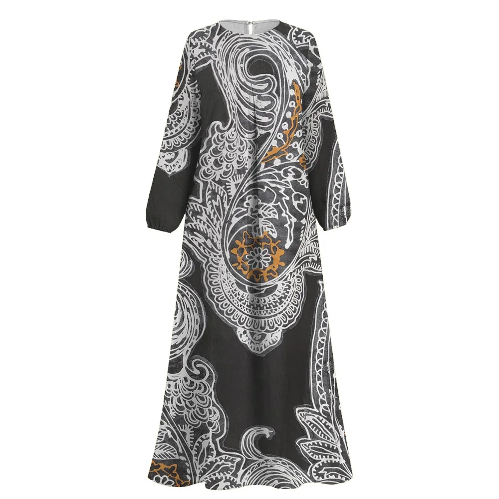 Ramadan Ethnic Elegance Print female Abaya 2024Muslim Islam Clothing Women\'s Abayas Round Neck Dubai Turkey Robe African Dresses