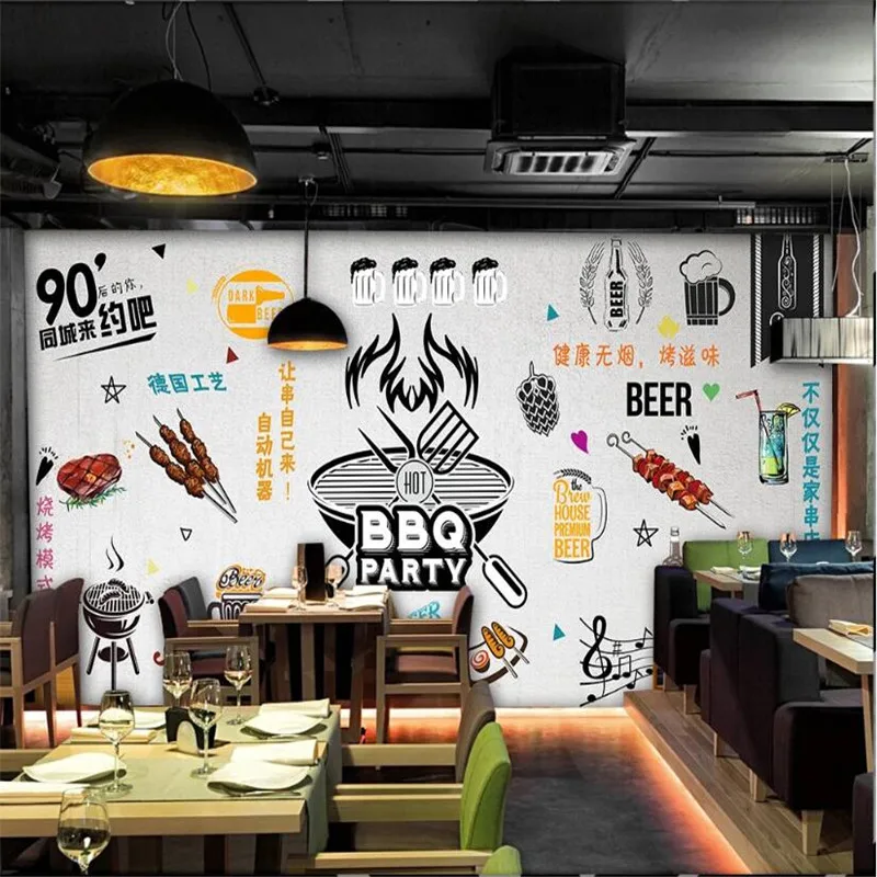 Custom Size Beer Bar Barbecue Restaurant Industrial Decor Gray Background Mural Wallpaper 3D BBQ Kebab Snack Bar Wall Paper 3D