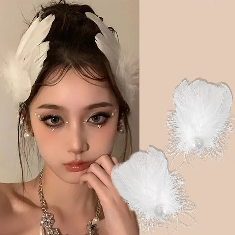 White Swan Feather Headdress Hairpin Halloween Clip Fairy Fluffy Hair Accessories Female Hanfu Plush Accessories Side Clip