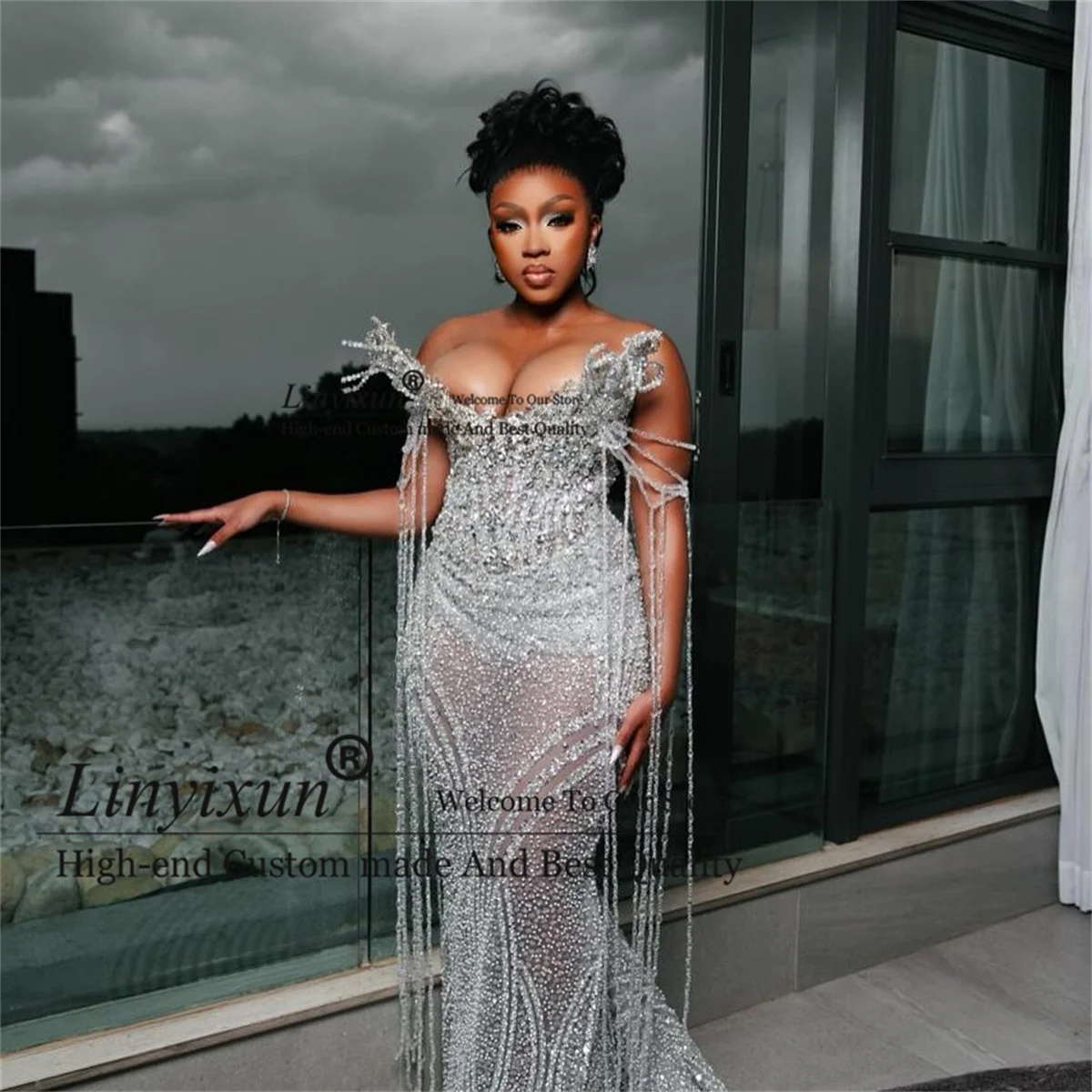 African Dubai Mermaid Prom Dress For Black Girl Glitter Rhinestones Crystal Tessal robes de soirée Customized Evening Party Gown
