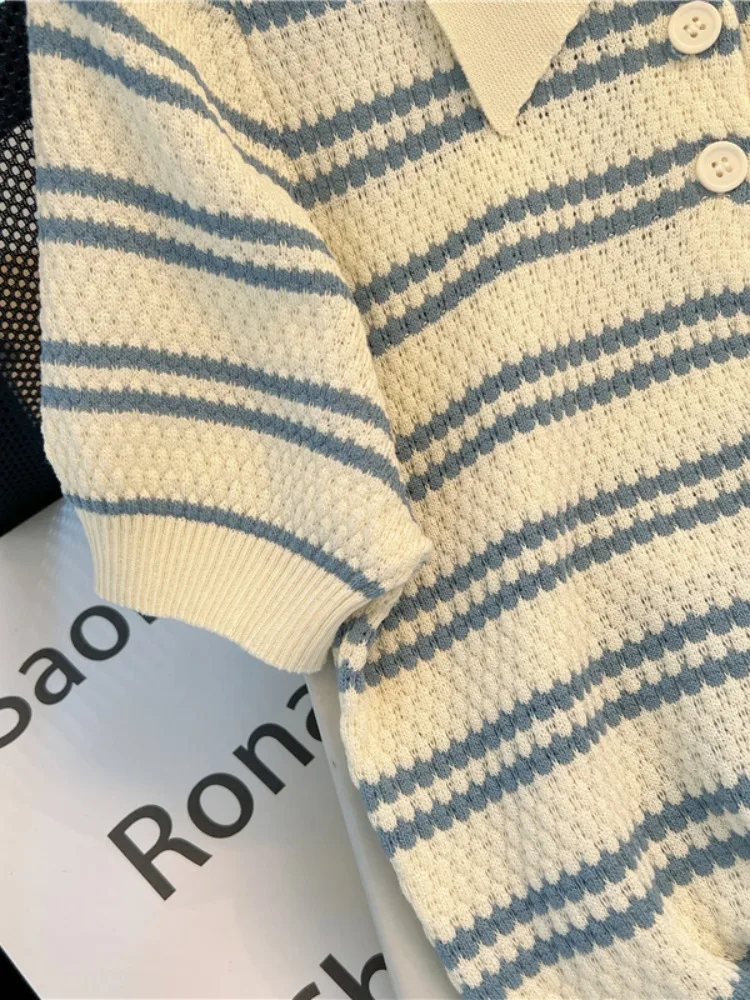 2025 cuello Polo nueva camiseta tejida para mujer, camiseta de manga corta a rayas para mujer, camisetas ajustadas para mujer, camisetas para mujer, ropa S145
