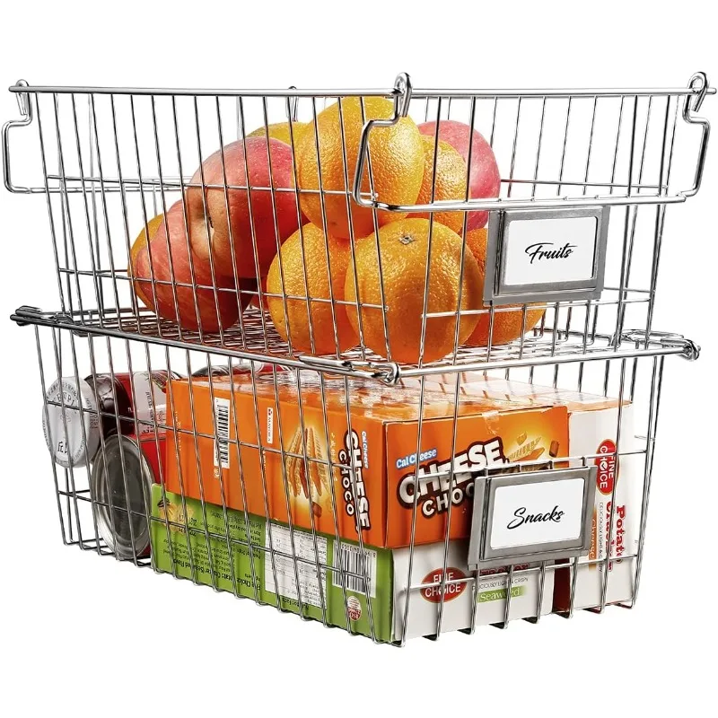 Stackable Chest Freezer Baskets Organizer Bins, Metal Wire Baskets Pantry Organizer Produce Baskets With Tag Slot For Sn