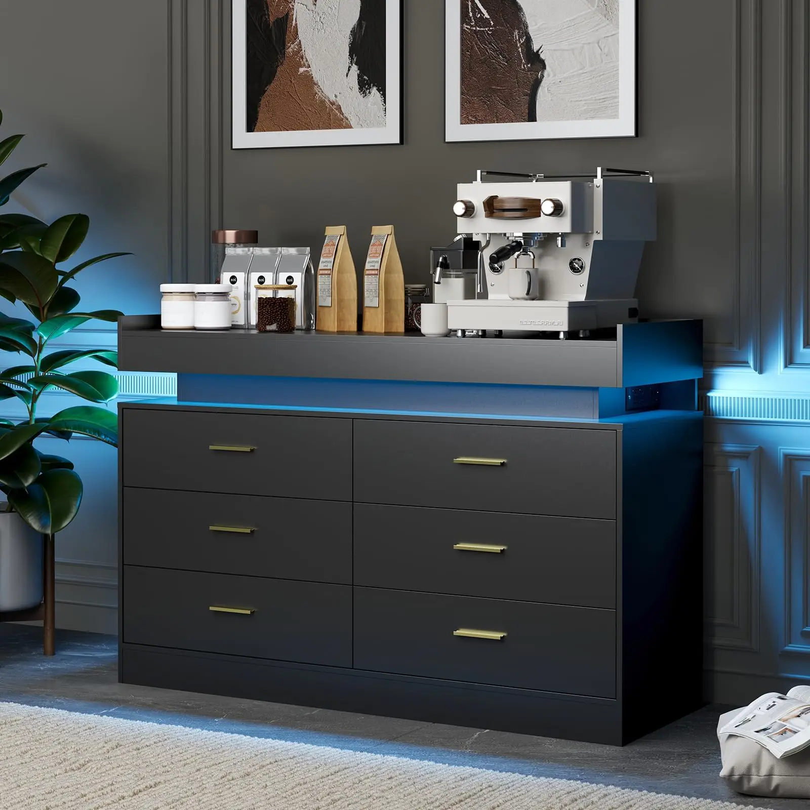 TV Stand Cabinet with LED Lights & Charging Station, Coffee Bar Cabinet Floating Countertop, Modern Sideboard Buffet 6