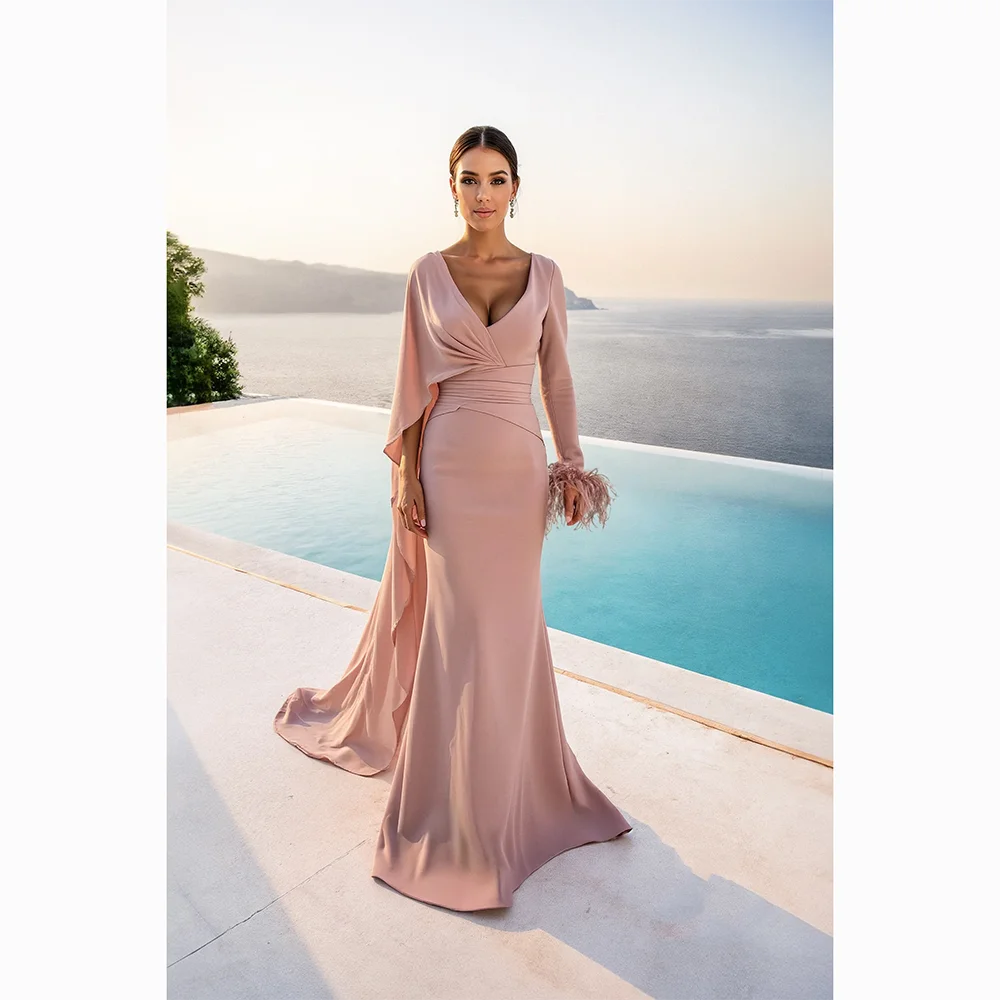 فستان سهرة أنيق على شكل حرف v ريشة وأكمام طويلة فساتين سهرة حورية البحر طول الأرض فساتين رسمية مخصصة 2025 #1