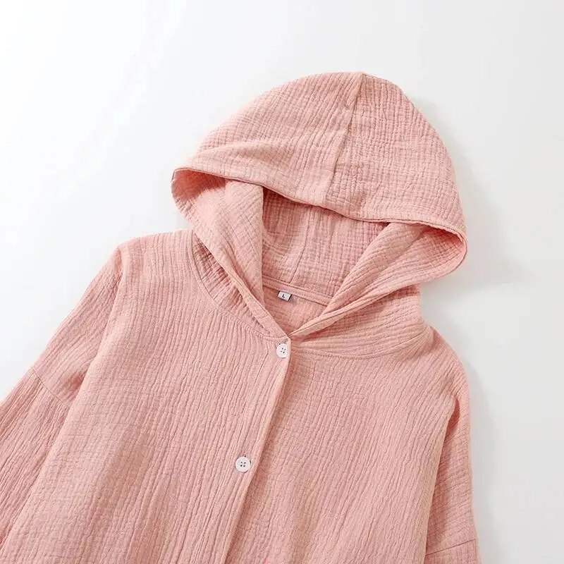 เสื้อคลุมอาบน้ำแบบมีฮู้ด แขนยาว ผ้าฝ้ายสองชั้น ทรงหลวม ติดกระดุม มีกระเป๋า ชุดนอนสำหรับคู่รัก ชุดอยู่บ้าน