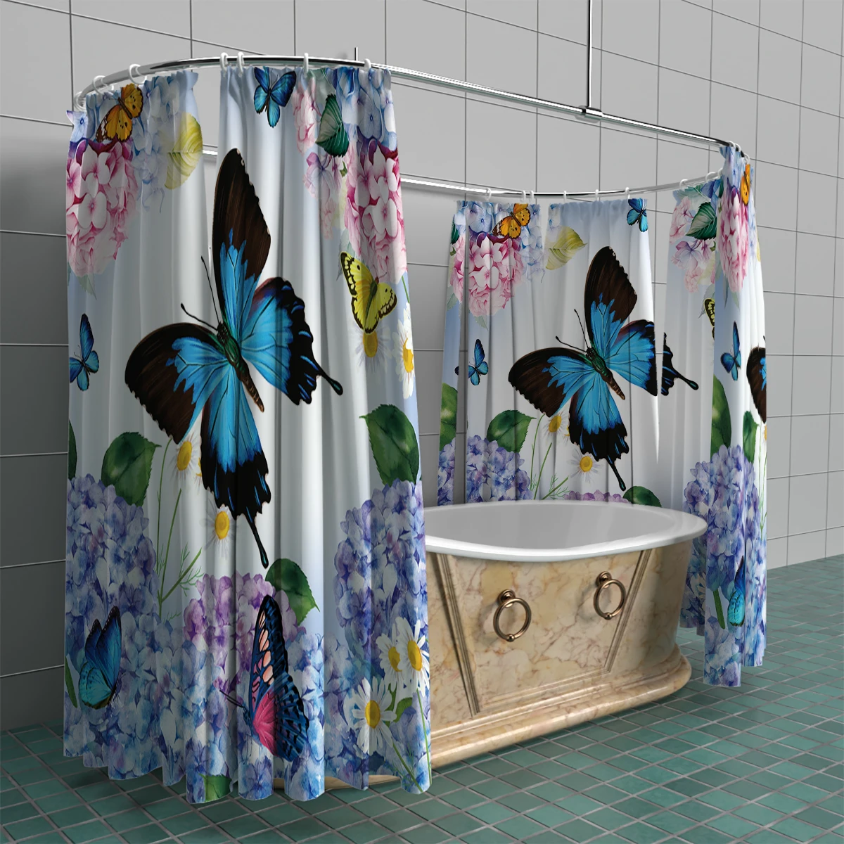 Blue Butterflies and Flowers Shower Curtain Gift Modern Home Bathroom Decoration with 12 Hooks