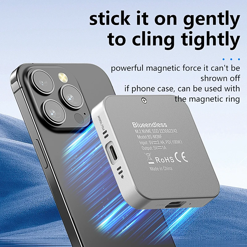 Blueendless Magnetic M2 2230 2242 NVMe SSD Enclosure with Cooling Fan 100W PD Charging Type C NVMe PCIE SSD Case for iPhone Mac