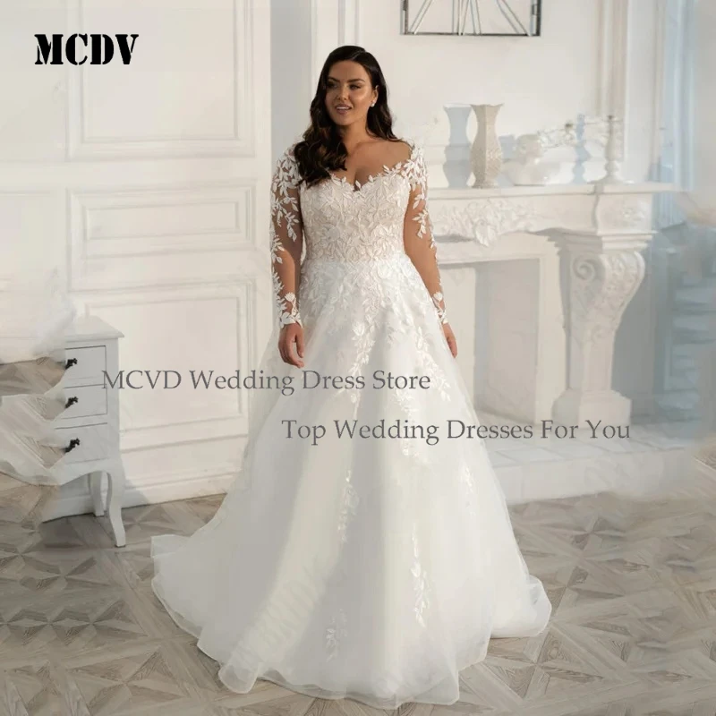 

MCDV 2024 Elegant Long Sleeves Plus Size Wedding Dress A-Line Lace Applique Illusion Neck Bridal Party Gowns