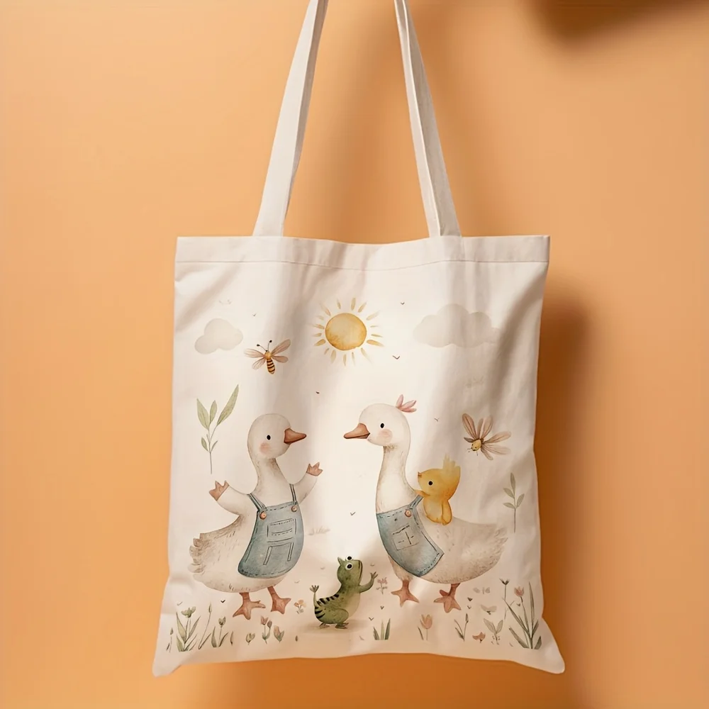 1pc Duck & Frog Illustration Canvas Tote Bag - 35.05cm x 40.13cm Reusable Grocery Bag with Cute Animal Pattern, Durable Polyeste