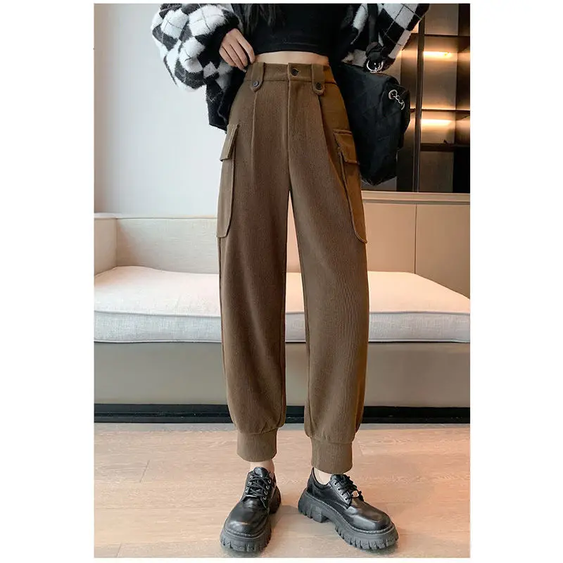 

Women's Corduroy 2023 Autumn and Winter New Solid Color High-waisted Button Patchwork Pocket Bohemian Casual Harlan Long Pants