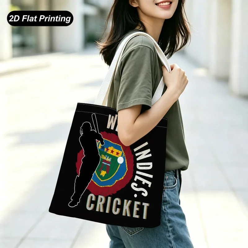 1PC【Tote Bag】2DFlat effect，Vintage-style West Indian Islands cricket print tote bag with a cricket player，Large capac