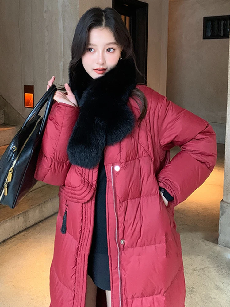 Fashion Winter Women Long Coats Filling White Goose Down With Natural Real Fox Fur Collar Scarf Luxury Thick Warm Jacket