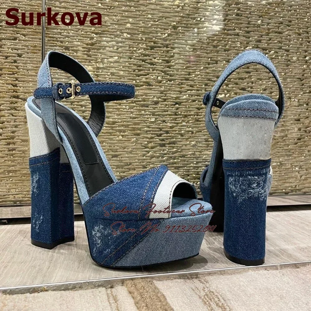 

Surkova Blue Denim Color Patchwork Chunky Heel Sandals Women Platform Open Toe Jeans Dress Shoes Buckle Strap Party Block Heels