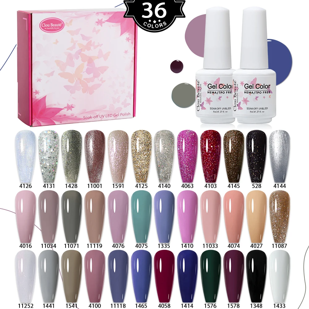 Clou Beaute 36 Bottles HEMA TPO FREE Pastal Color Gel Polish Kit Set 8ml UV LED Nails Semi Permanent Macaron Nail Art Gel