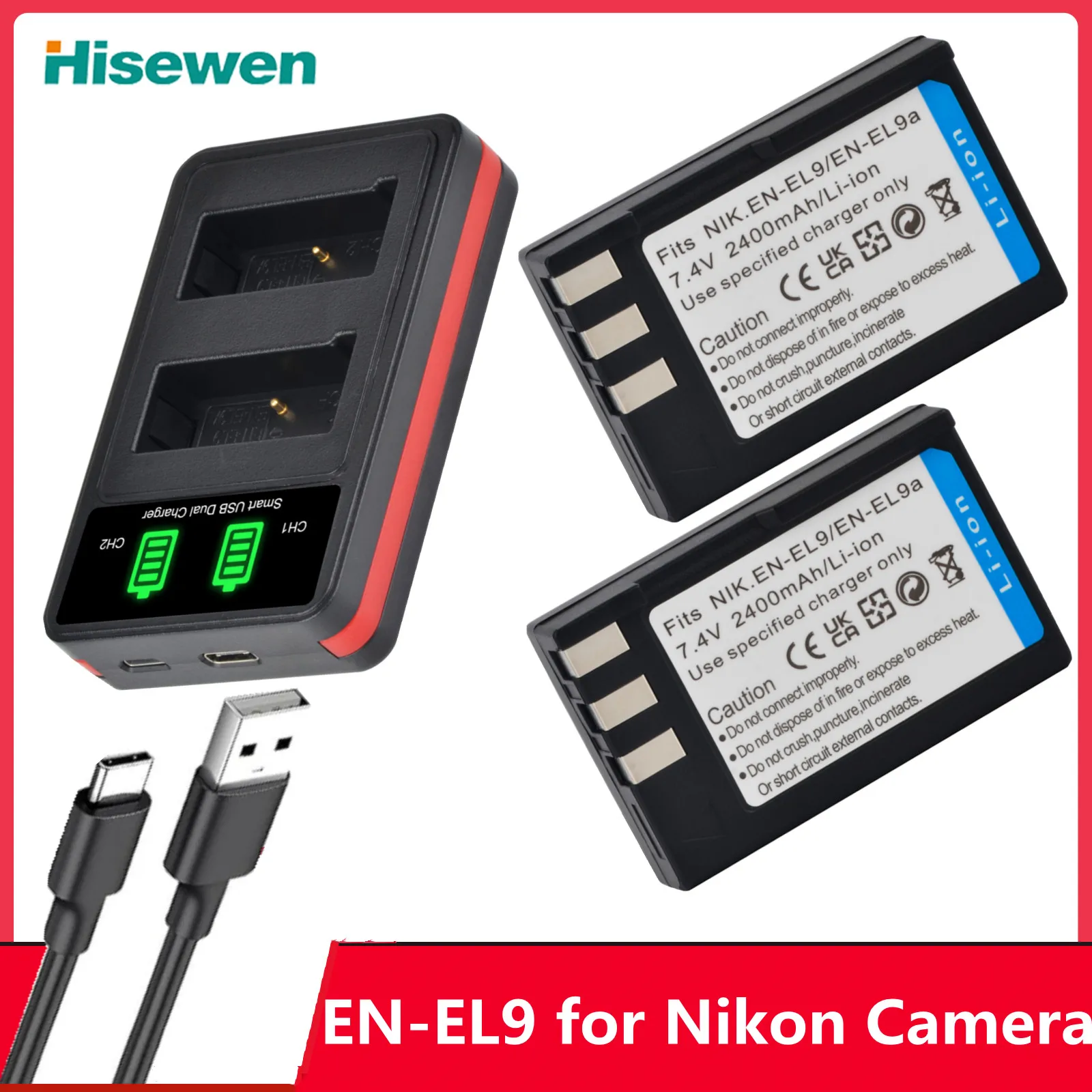 

2400mAh EN-EL9 EN-EL9A ENEL9A EN EL9 Battery and LED Charger with Type C Port for Nikon D40 D40X D60 D3000 D5000 Digital Camera